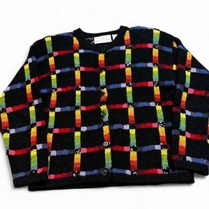 Vintage Jane's Closet‎ rainbow sequin square patterned cardigan sweater medium